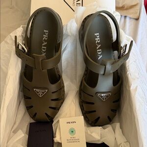 Prada Olive Green Jelly Fisherman Sandals with Logo Plaque